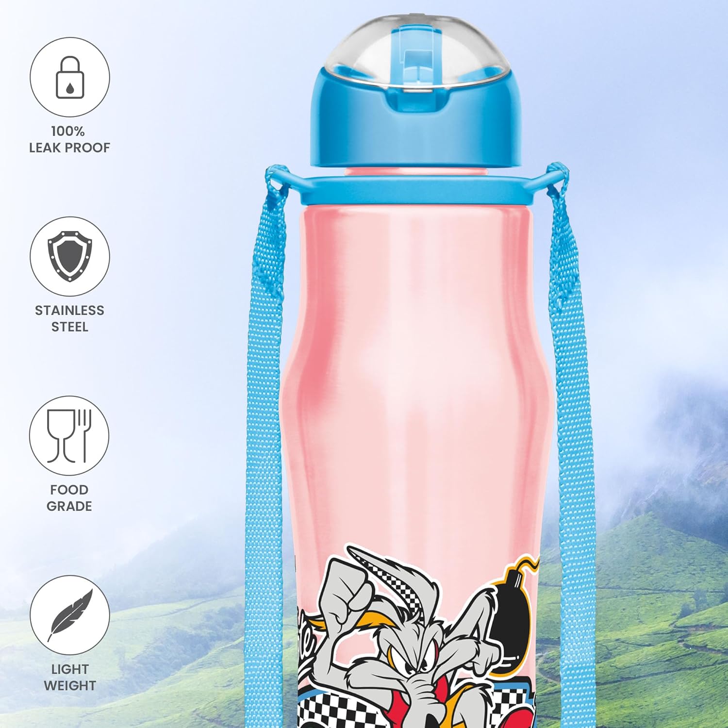 Milton Sipmate 650 Stainless Steel Sipper Water Bottle 600 ml, Single Walled, ISI Certified I Leak Proof Lid, Rust Proof I For School, Office, Gym I Blue (Loony Toons)