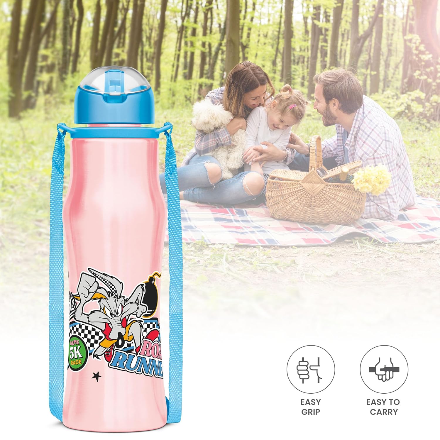 Milton Sipmate 650 Stainless Steel Sipper Water Bottle 600 ml, Single Walled, ISI Certified I Leak Proof Lid, Rust Proof I For School, Office, Gym I Blue (Loony Toons)