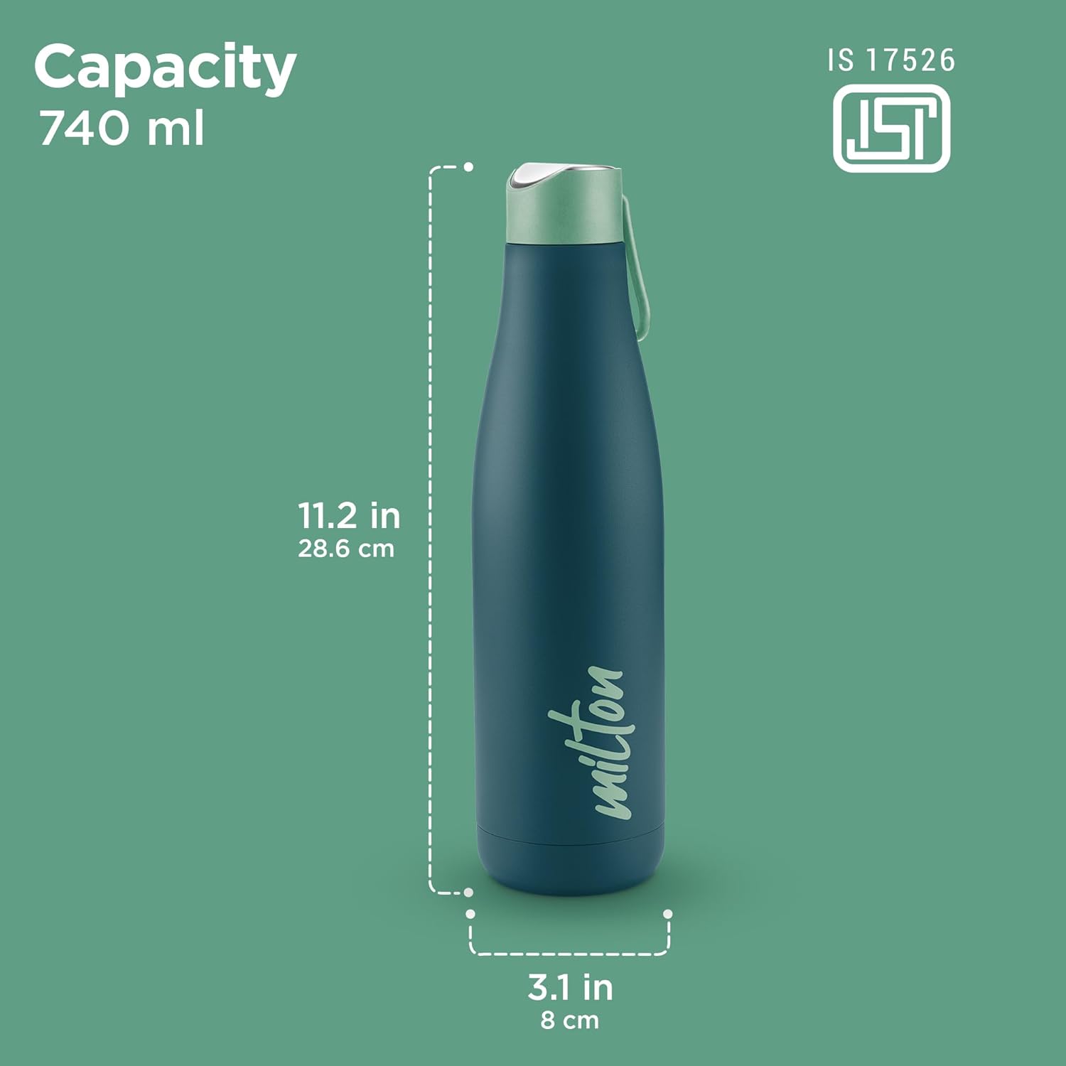 Milton Fame 800 Thermosteel Water Bottle 740 ml, 24 Hr Hot and Cold I Leak Proof Lid, ISI Certified I Vacuum Insulated I for Office, Gym, School I Teal Blue