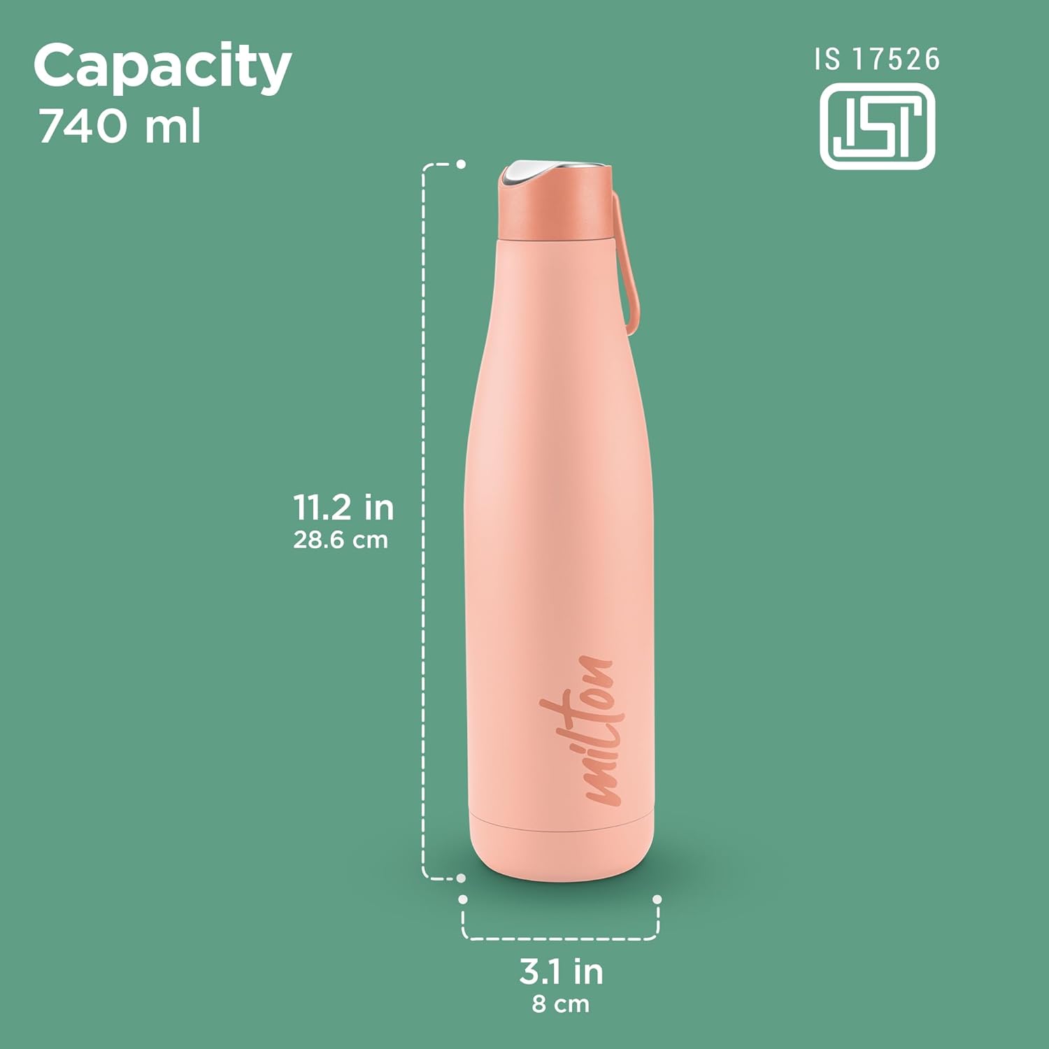 Milton Fame 800 Thermosteel Water Bottle 740 ml, 24 Hr Hot and Cold I Leak Proof Lid, ISI Certified I Vacuum Insulated I for Office, Gym, School I Peach