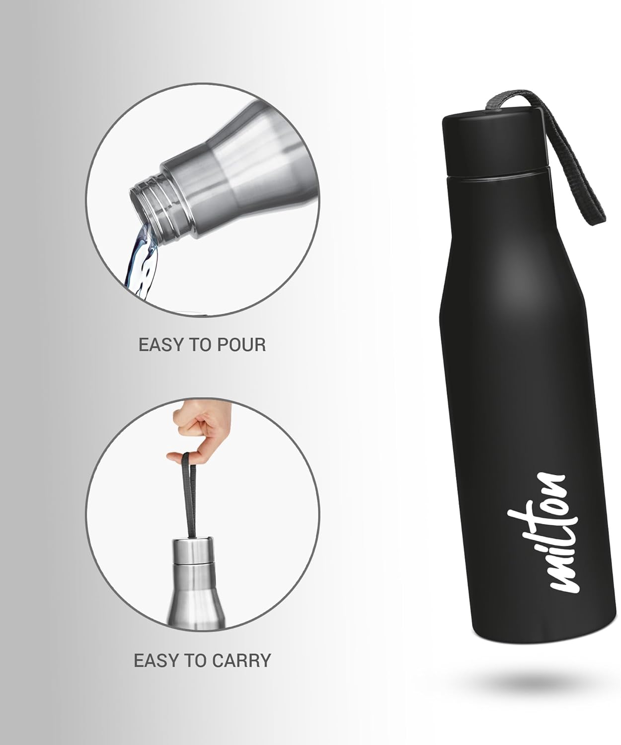 Milton Super 1000 Stainless Steel Water Bottle 1 ltr, Single Walled, ISI Certified I Leak Proof Lid, Rust Proof I For School, Office, Gym I Black