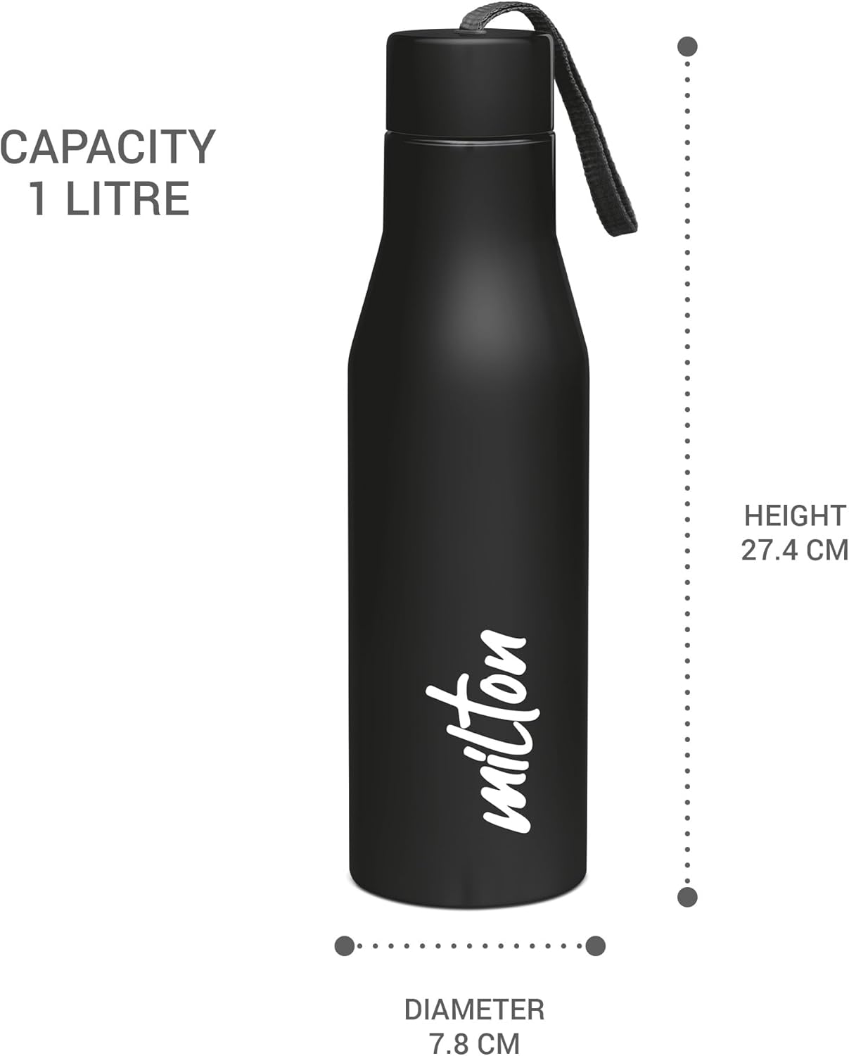 Milton Super 1000 Stainless Steel Water Bottle 1 ltr, Single Walled, ISI Certified I Leak Proof Lid, Rust Proof I For School, Office, Gym I Black