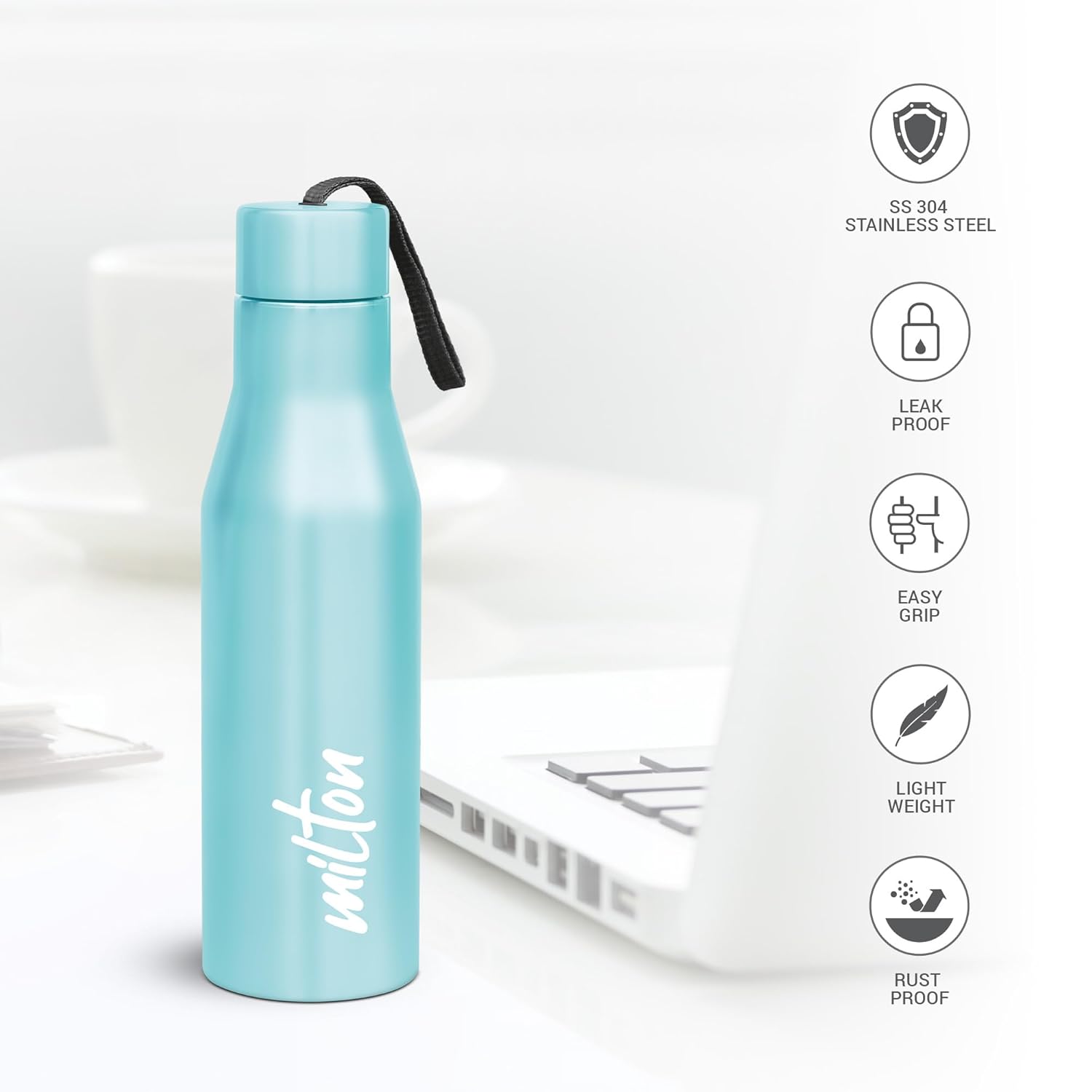 Milton Super 1000 Stainless Steel Water Bottle 1 ltr, Single Walled, ISI Certified I Leak Proof Lid, Rust Proof I For School, Office, Gym I Sky Blue