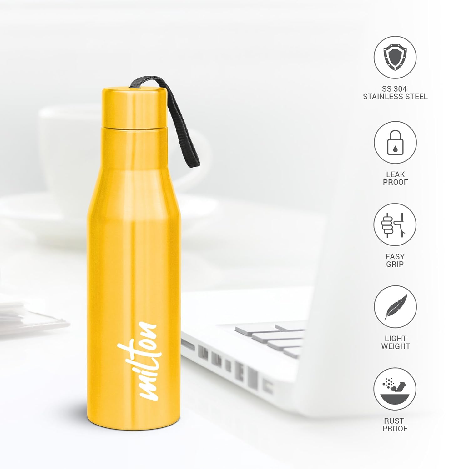Milton Super 1000 Stainless Steel Water Bottle 1 ltr, Single Walled, ISI Certified I Leak Proof Lid, Rust Proof I For School, Office, Gym I Yellow