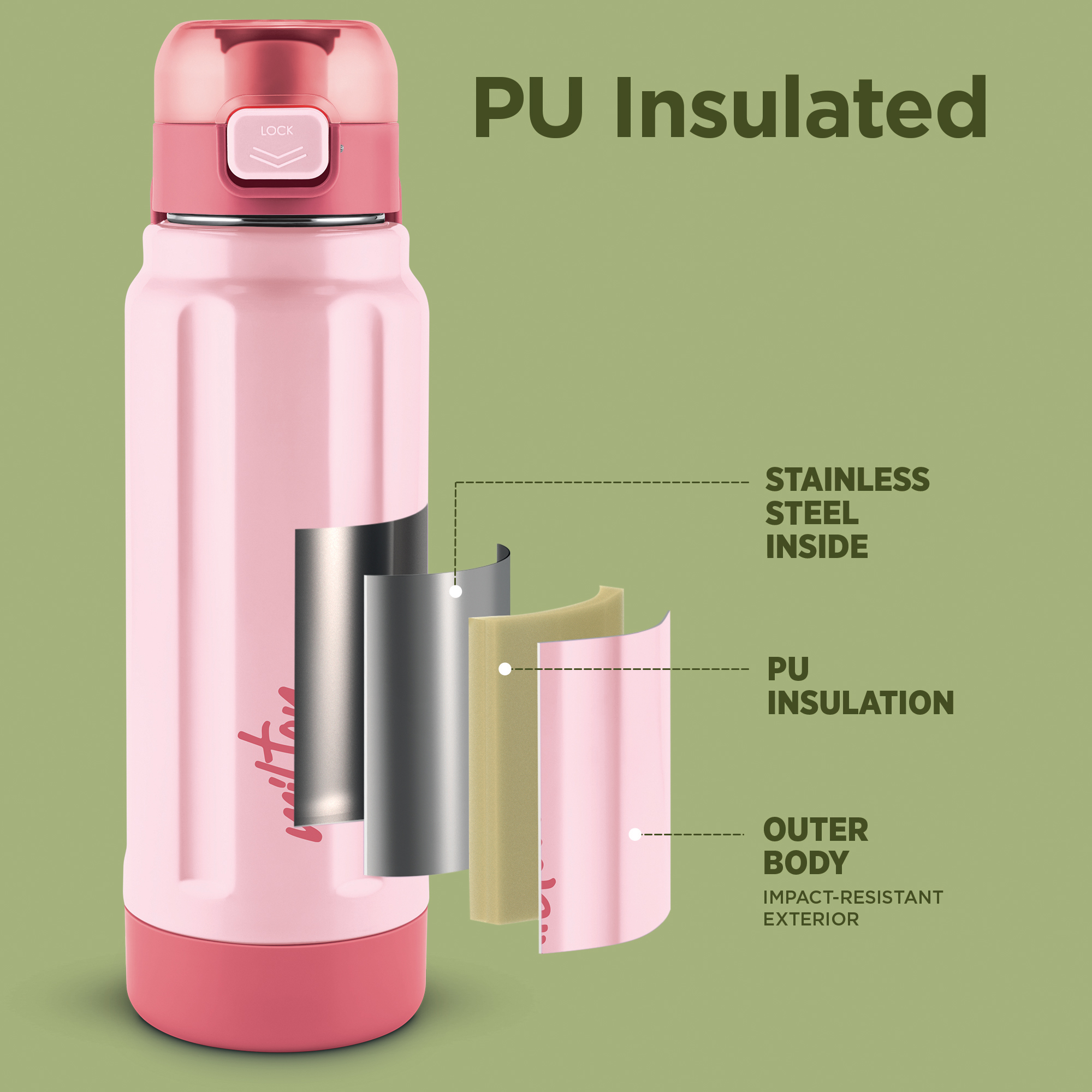 Milton Taurus 900 Steel Thermoware Cold PU Insulated, Leak Proof Water Bottle 640 ml Bottle (Pack of 1, Light Pink, Steel)