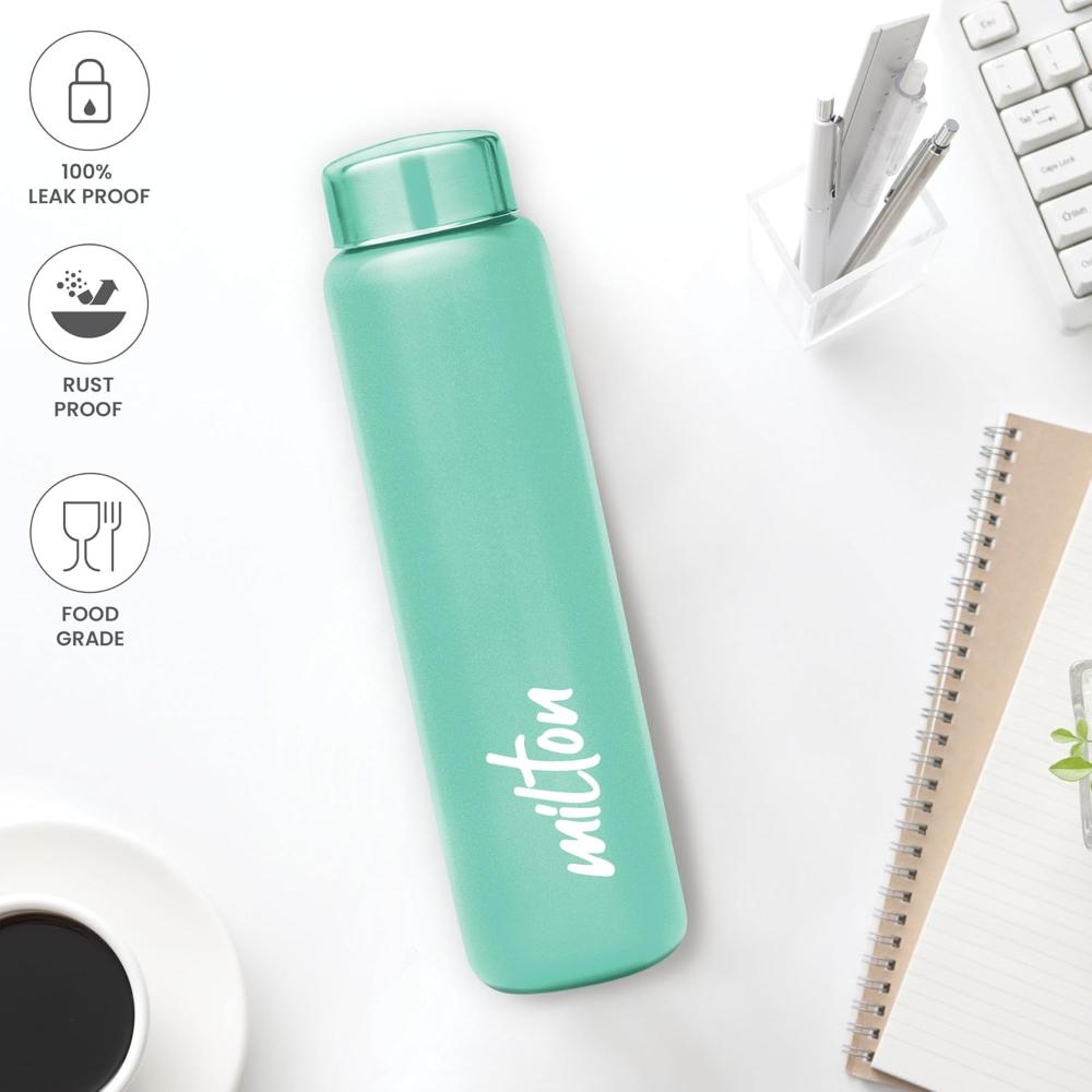 MILTON Aqua 1000 Stainless Steel Water Bottle 950 ml, Single Walled, ISI Certified I Leak Proof Lid, Rust Proof I For School, Office, Gym I Light Green