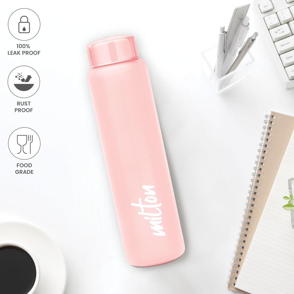 MILTON Aqua 1000 Stainless Steel Water Bottle 950 ml, Single Walled, ISI Certified I Leak Proof Lid, Rust Proof I For School, Office, Gym I Pink