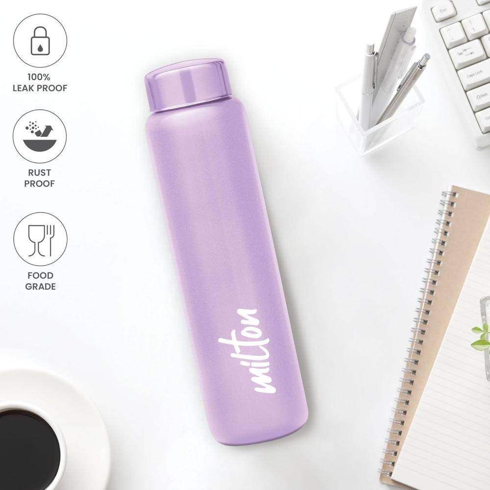 MILTON Aqua 1000 Stainless Steel Water Bottle 950 ml, Single Walled, ISI Certified I Leak Proof Lid, Rust Proof I For School, Office, Gym I Purple