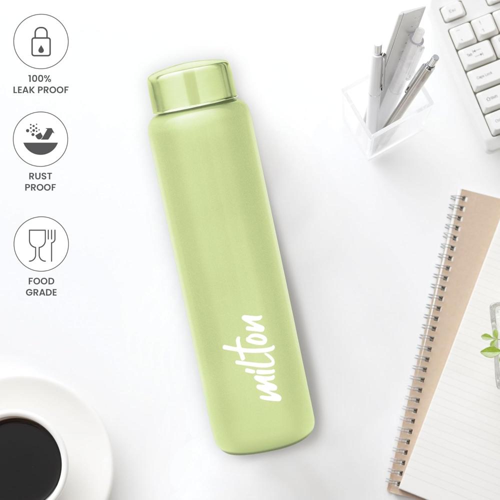 MILTON Aqua 1000 Stainless Steel Water Bottle 950 ml, Single Walled, ISI Certified I Leak Proof Lid, Rust Proof I For School, Office, Gym I Pista Green
