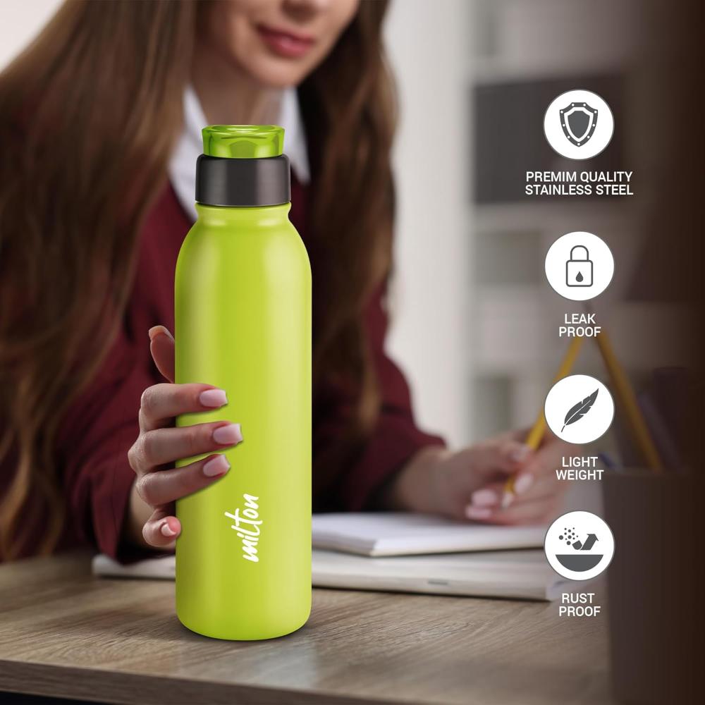 MILTON Caper 1000 Stainless Steel Water Bottle 870 ml, Single Walled, ISI Certified I Leak Proof Lid, Rust Proof I For School, Office, Gym I Neon Green