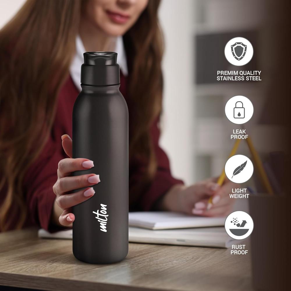 MILTON Caper 1000 Stainless Steel Water Bottle 870 ml, Single Walled, ISI Certified I Leak Proof Lid, Rust Proof I For School, Office, Gym I Black
