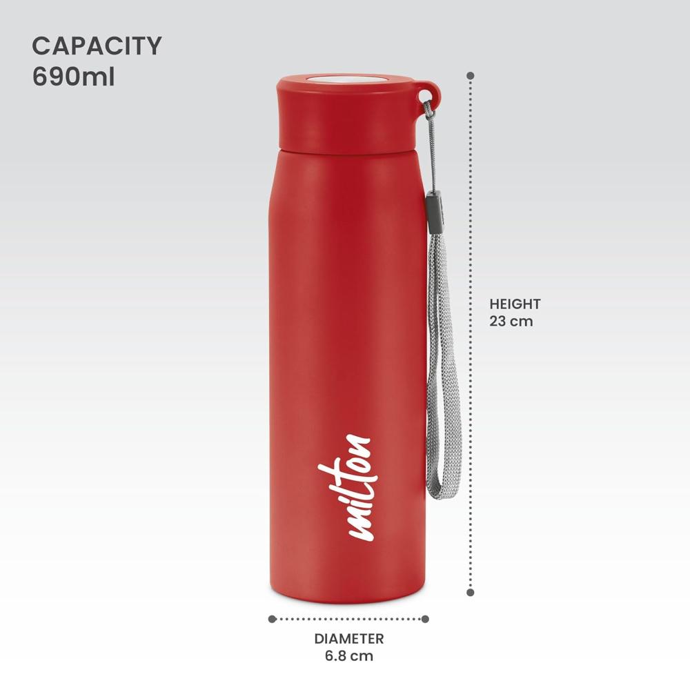 MILTON Handy 650 Stainless Steel Sipper Water Bottle 690 ml, Single Walled, ISI Certified I Leak Proof Lid, Rust Proof I For School, Office, Gym I Red