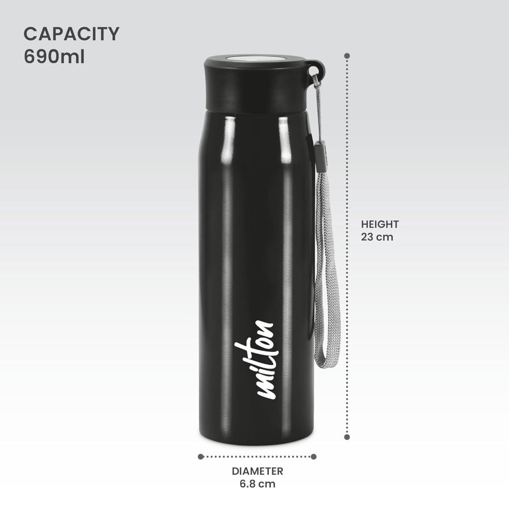MILTON Handy 650 Stainless Steel Sipper Water Bottle 690 ml, Single Walled, ISI Certified I Leak Proof Lid, Rust Proof I For School, Office, Gym I Black