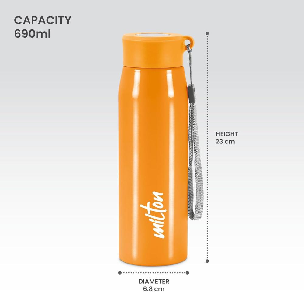 MILTON Handy 650 Stainless Steel Sipper Water Bottle 690 ml, Single Walled, ISI Certified I Leak Proof Lid, Rust Proof I For School, Office, Gym I Orange