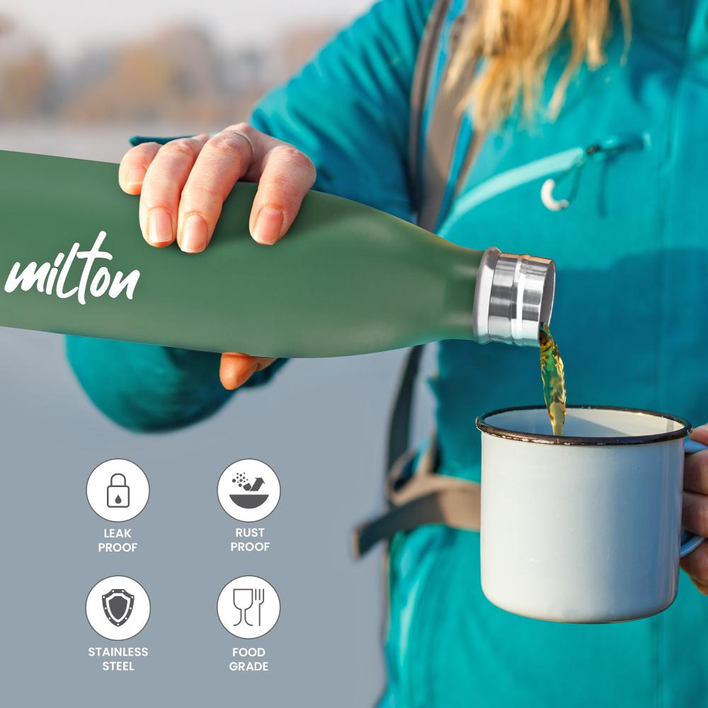 MILTON Shine 1000 Stainless Steel Water Bottle 900 ml, Single Walled, ISI Certified I Leak Proof Lid, Rust Proof I For School, Office, Gym I Military Green