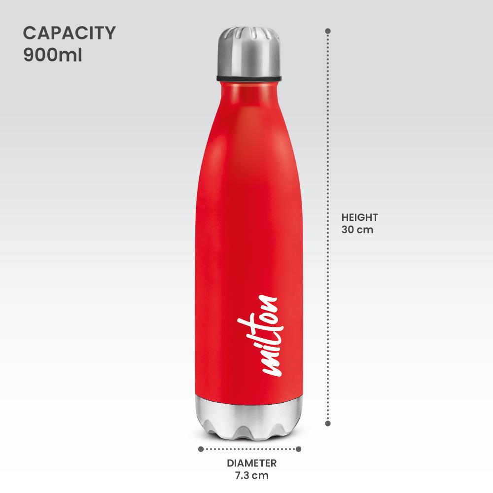 MILTON Shine 1000 Stainless Steel Water Bottle 900 ml, Single Walled, ISI Certified I Leak Proof Lid, Rust Proof I For School, Office, Gym I Red