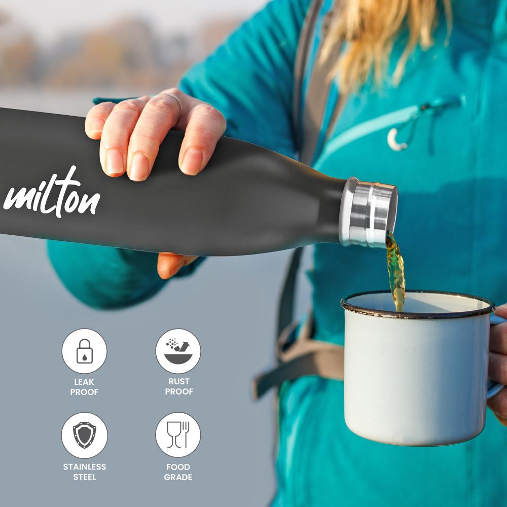 MILTON Shine 1000 Stainless Steel Water Bottle 900 ml, Single Walled, ISI Certified I Leak Proof Lid, Rust Proof I For School, Office, Gym I Black