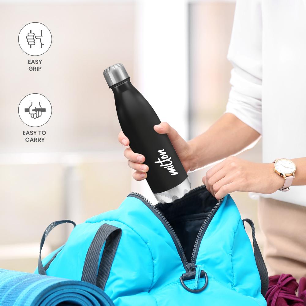 MILTON Shine 1000 Stainless Steel Water Bottle 900 ml, Single Walled, ISI Certified I Leak Proof Lid, Rust Proof I For School, Office, Gym I Black