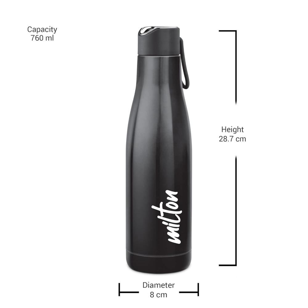 Milton Fame 800 Thermosteel Water Bottle 760 ml, 24 Hr Hot and Cold I Leak Proof Lid, ISI Certified I Vacuum Insulated I for Office, Gym, School I Black