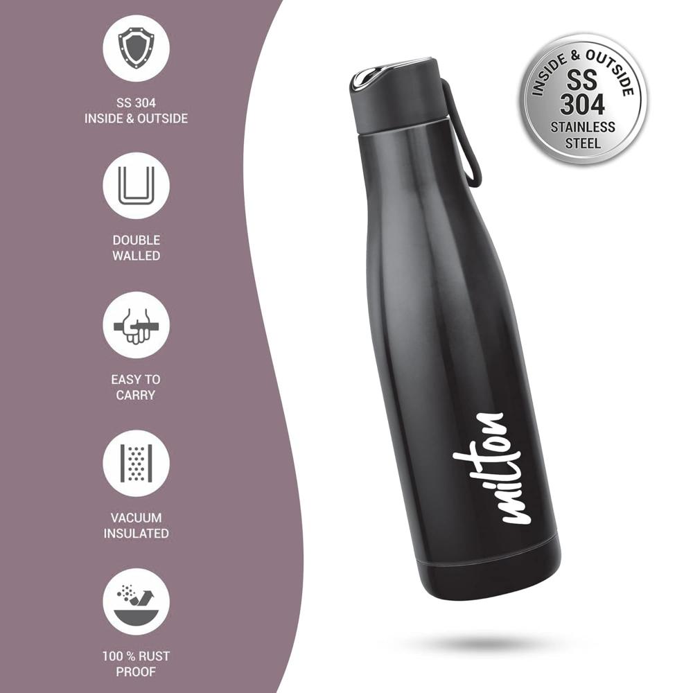 Milton Fame 800 Thermosteel Water Bottle 760 ml, 24 Hr Hot and Cold I Leak Proof Lid, ISI Certified I Vacuum Insulated I for Office, Gym, School I Black