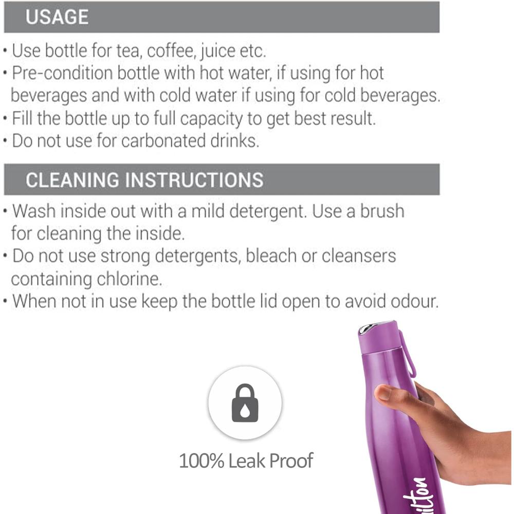 Milton Fame 800 Thermosteel Water Bottle 760 ml, 24 Hr Hot and Cold I Leak Proof Lid, ISI Certified I Vacuum Insulated I for Office, Gym, School I Purple