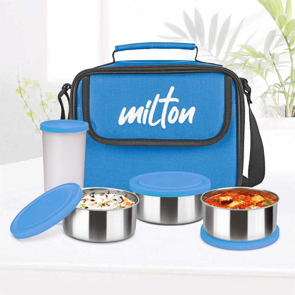 MILTON New Steel Combi Lunch Box with Insulated Fabric Jacket, 3 Stainless Steel Containers 280 ml Each & 1 Plastic Tumbler with lid 400 ml, Leak-Proof Tiffin for Office, College, Picnic, Cyan