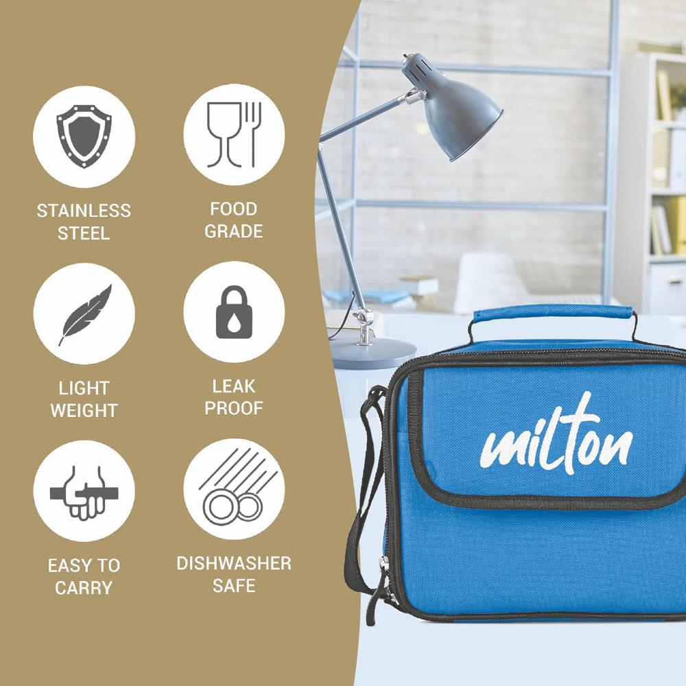 MILTON New Steel Combi Lunch Box with Insulated Fabric Jacket, 3 Stainless Steel Containers 280 ml Each & 1 Plastic Tumbler with lid 400 ml, Leak-Proof Tiffin for Office, College, Picnic, Cyan