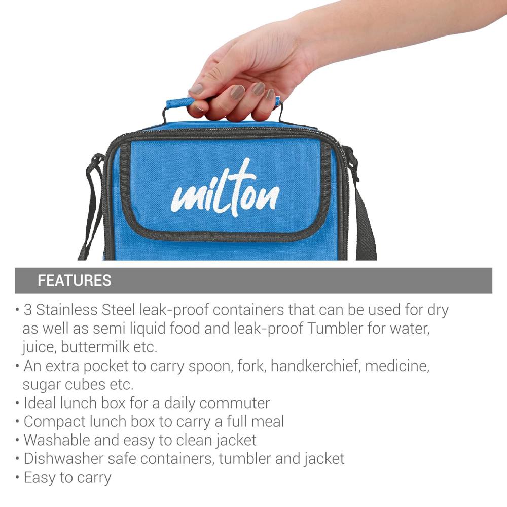 MILTON New Steel Combi Lunch Box with Insulated Fabric Jacket, 3 Stainless Steel Containers 280 ml Each & 1 Plastic Tumbler with lid 400 ml, Leak-Proof Tiffin for Office, College, Picnic, Cyan