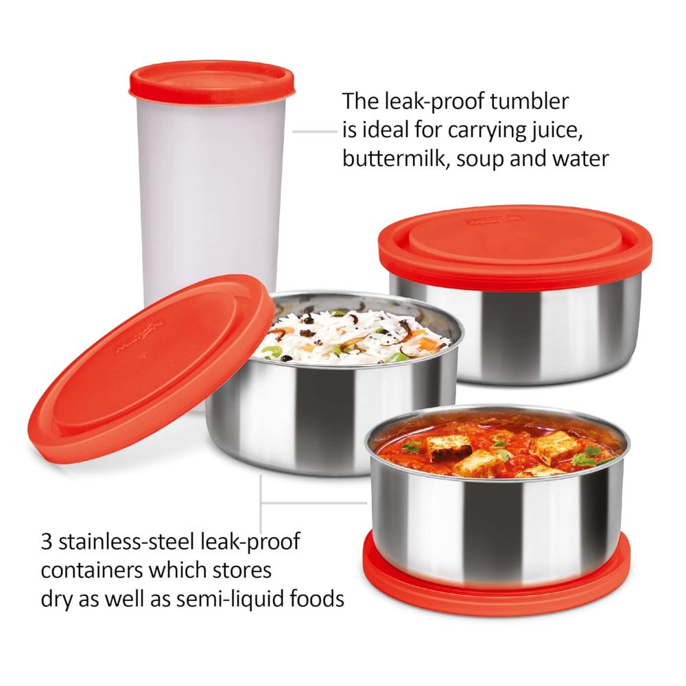 MILTON New Steel Combi Lunch Box with Insulated Fabric Jacket, 3 Stainless Steel Containers 280 ml Each & 1 Plastic Tumbler with lid 400 ml, Leak-Proof Tiffin for Office, College, Picnic, Red