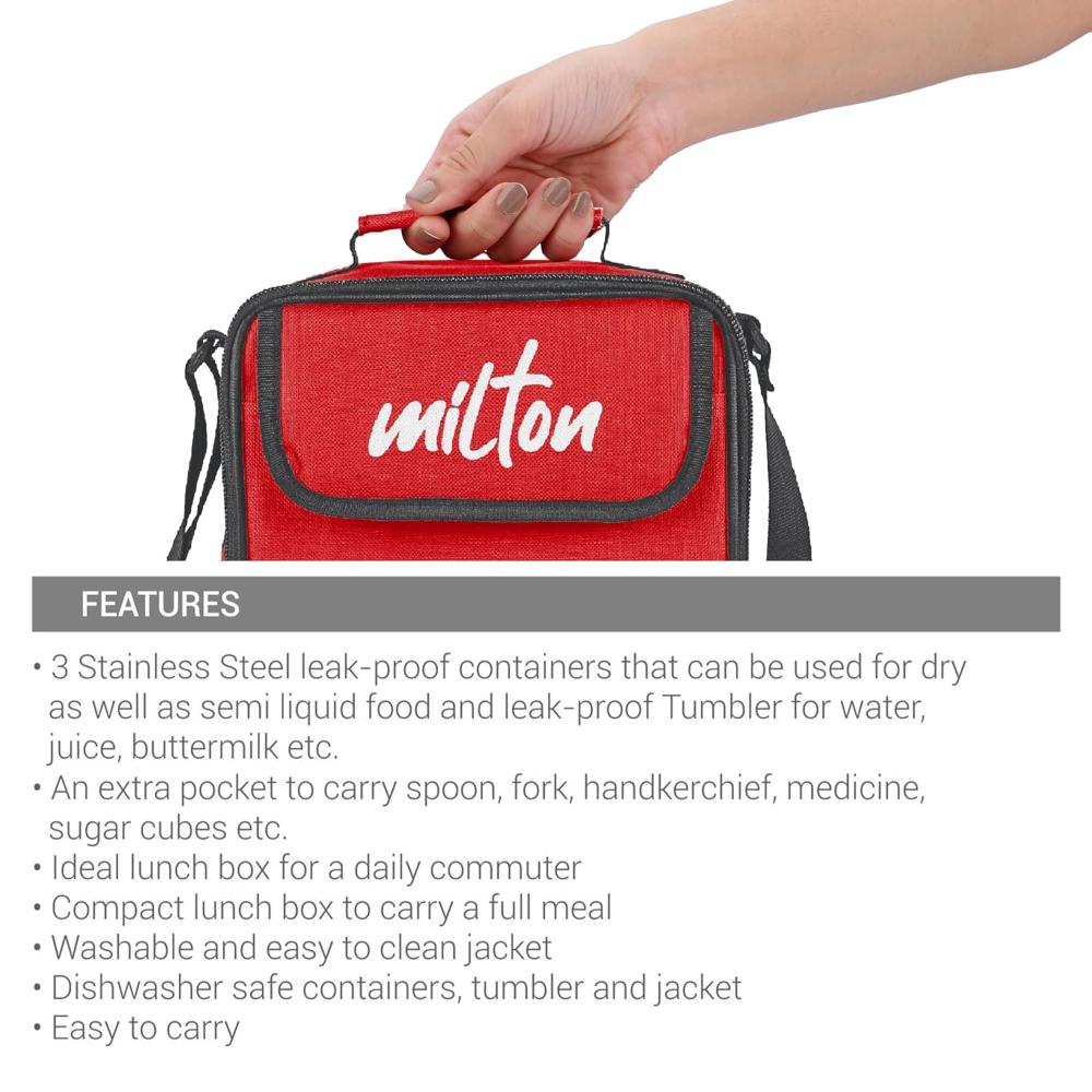 MILTON New Steel Combi Lunch Box with Insulated Fabric Jacket, 3 Stainless Steel Containers 280 ml Each & 1 Plastic Tumbler with lid 400 ml, Leak-Proof Tiffin for Office, College, Picnic, Red