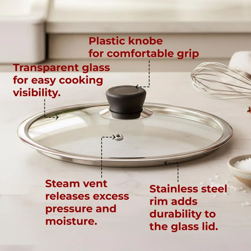 HAZEL 24 cm Toughened Glass Lid with Steel Rim for Honeycomb Cookware