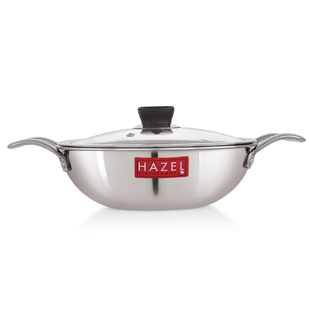 HAZEL 22cm Honeycomb Triply Stainless Steel Kadhai (2L) with Glass Lid - Non-Stick, Induction & Gas Safe.
