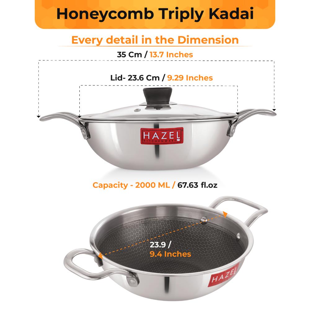 HAZEL 22cm Honeycomb Triply Stainless Steel Kadhai (2L) with Glass Lid - Non-Stick, Induction & Gas Safe.