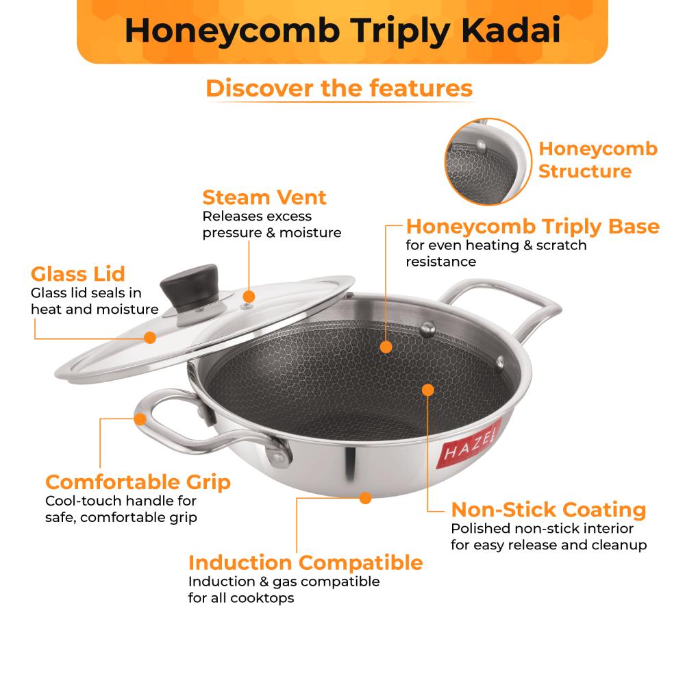 HAZEL 22cm Honeycomb Triply Stainless Steel Kadhai (2L) with Glass Lid - Non-Stick, Induction & Gas Safe.
