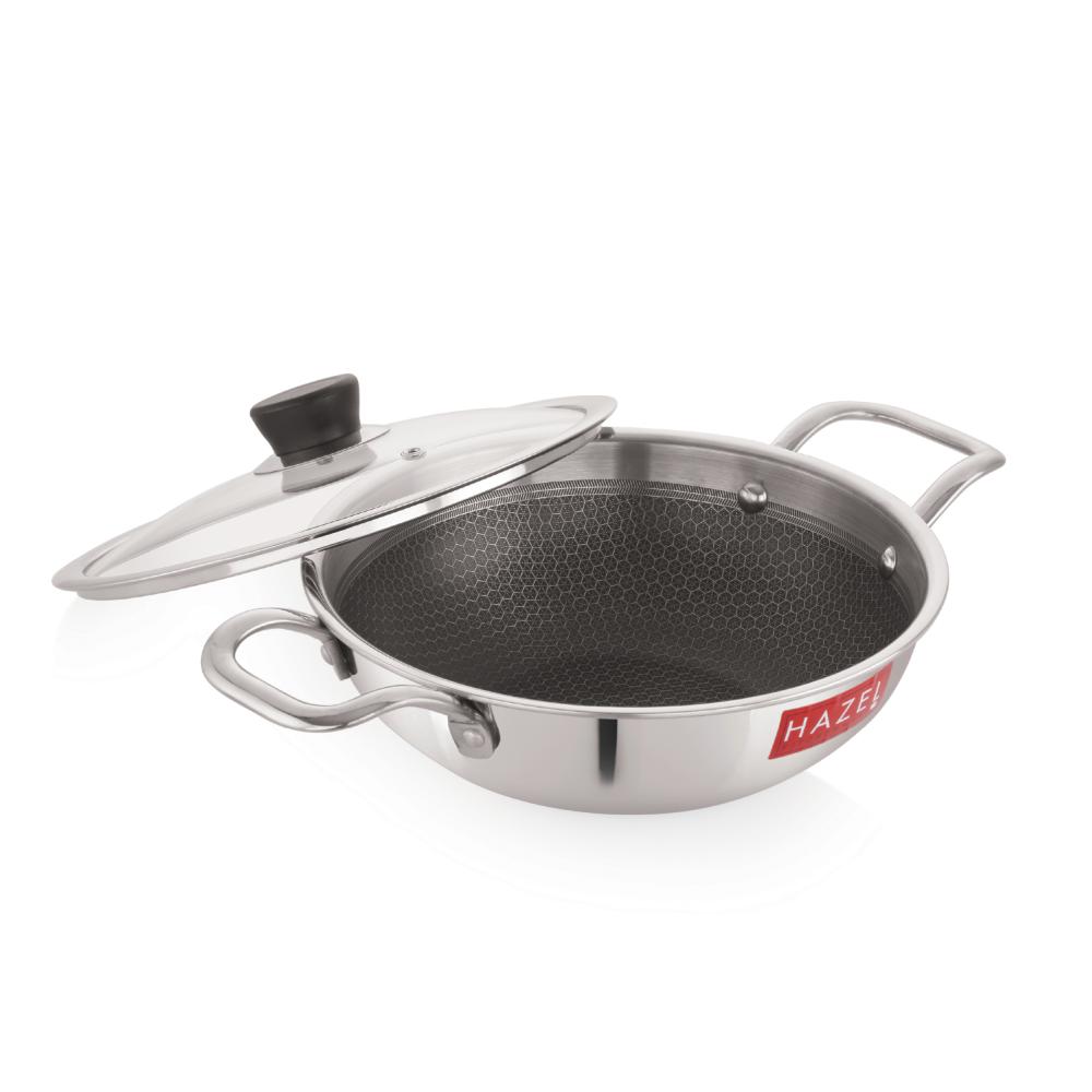 HAZEL 22cm Honeycomb Triply Stainless Steel Kadhai (2L) with Glass Lid - Non-Stick, Induction & Gas Safe.