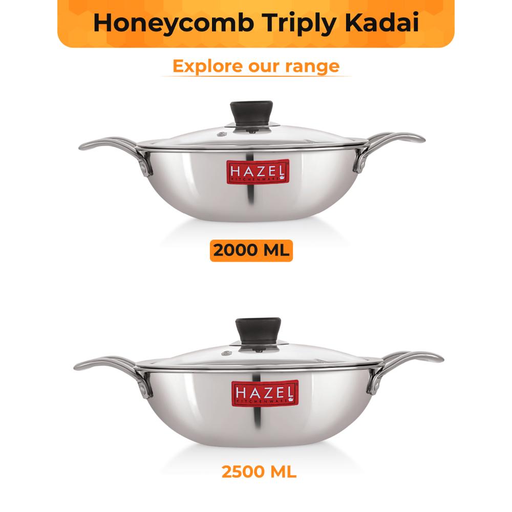 HAZEL 22cm Honeycomb Triply Stainless Steel Kadhai (2L) with Glass Lid - Non-Stick, Induction & Gas Safe.