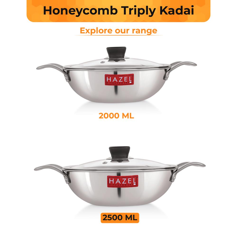 HAZEL 24cm Honeycomb Triply Steel Kadhai (2.5L) with Glass Lid - Non-Stick & Induction Compatible.