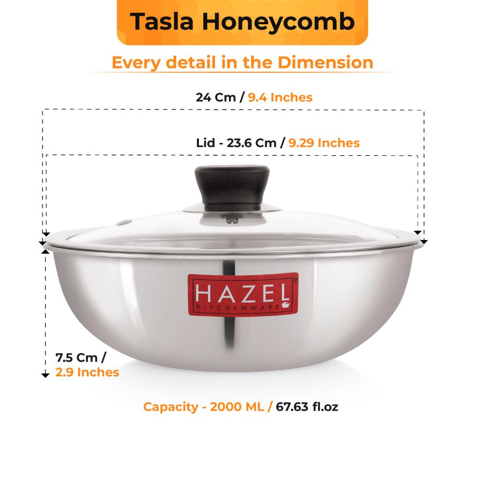 HAZEL 22cm Honeycomb Triply Non-Stick Tasla (2L) with Glass Lid – Induction Compatible