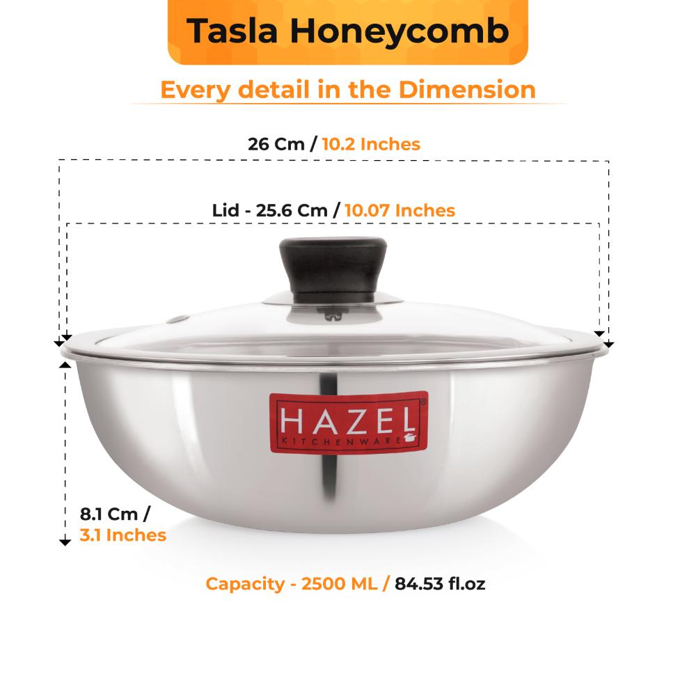 HAZEL 24cm Honeycomb Triply Non-Stick Tasla (2.5L) with Glass Lid - Induction Compatible.