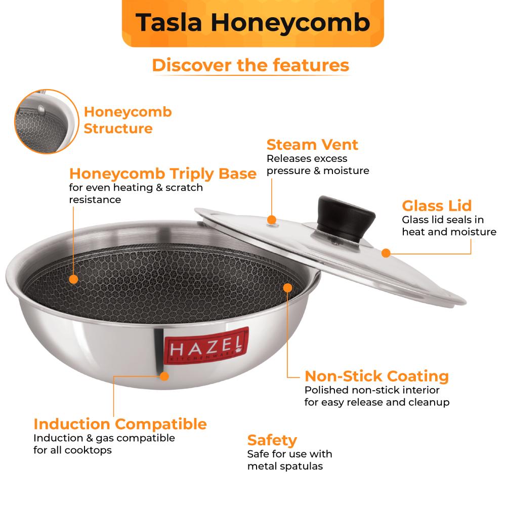 HAZEL 24cm Honeycomb Triply Non-Stick Tasla (2.5L) with Glass Lid - Induction Compatible.