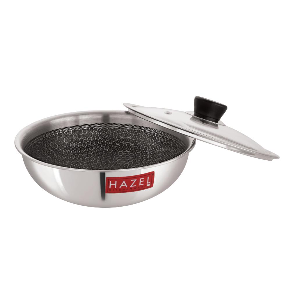 HAZEL 24cm Honeycomb Triply Non-Stick Tasla (2.5L) with Glass Lid - Induction Compatible.