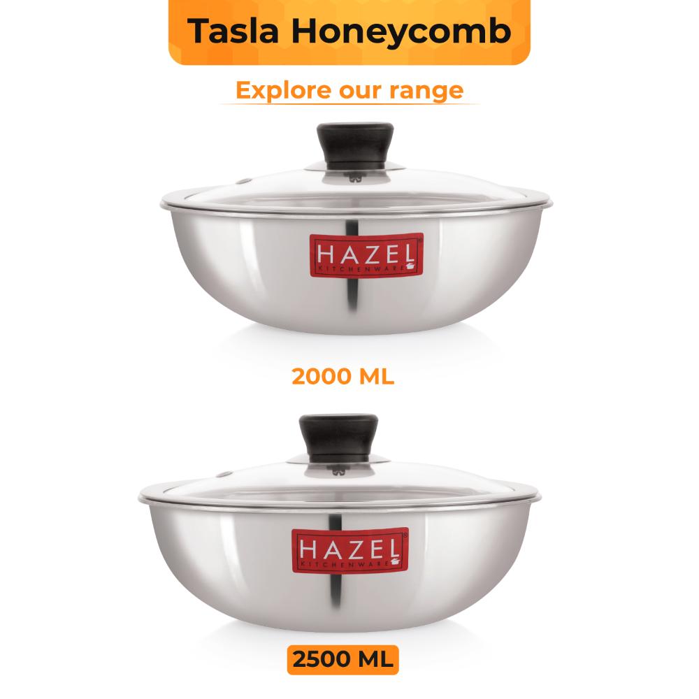 HAZEL 24cm Honeycomb Triply Non-Stick Tasla (2.5L) with Glass Lid - Induction Compatible.