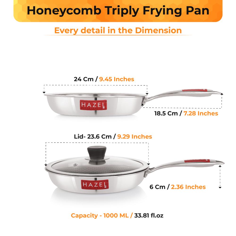HAZEL 22cm Nonstick Triply Frying Pan (1L) with Glass Lid - Honeycomb Coating & Induction Compatible.