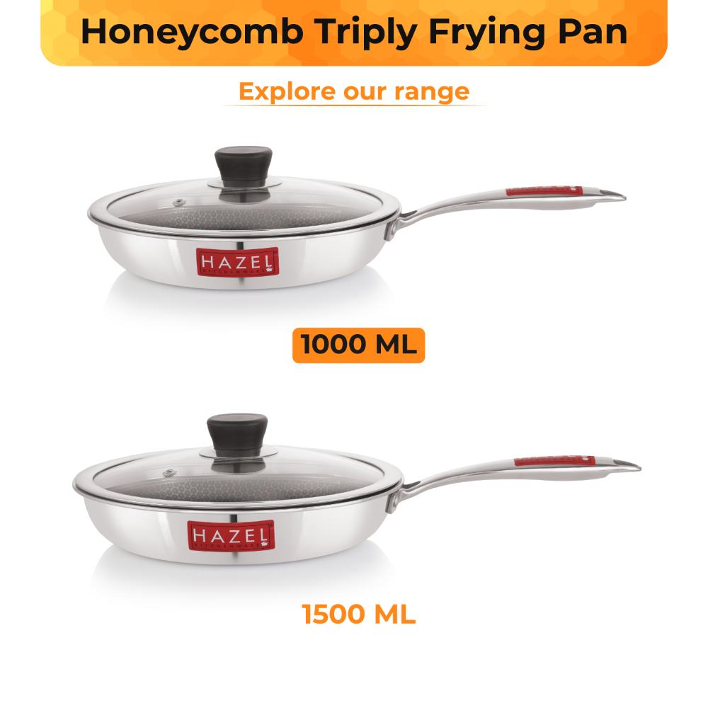 HAZEL 22cm Nonstick Triply Frying Pan (1L) with Glass Lid - Honeycomb Coating & Induction Compatible.