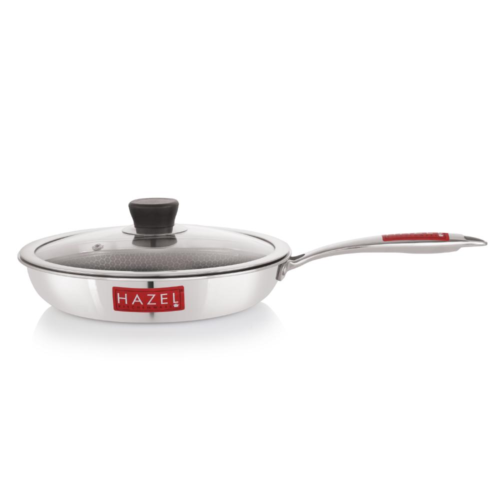 HAZEL 24cm Nonstick Triply Frying Pan (1.5L) with Glass Lid - Honeycomb Coating, Induction Compatible.