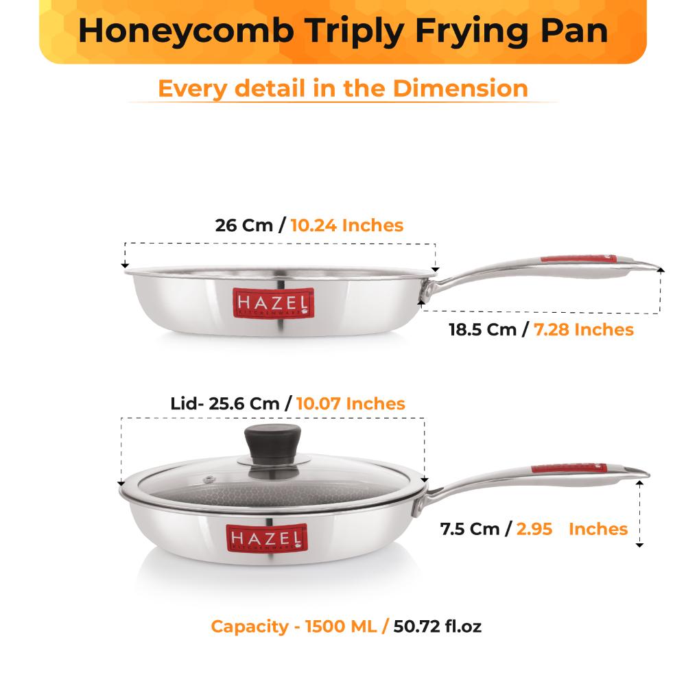 HAZEL 24cm Nonstick Triply Frying Pan (1.5L) with Glass Lid - Honeycomb Coating, Induction Compatible.