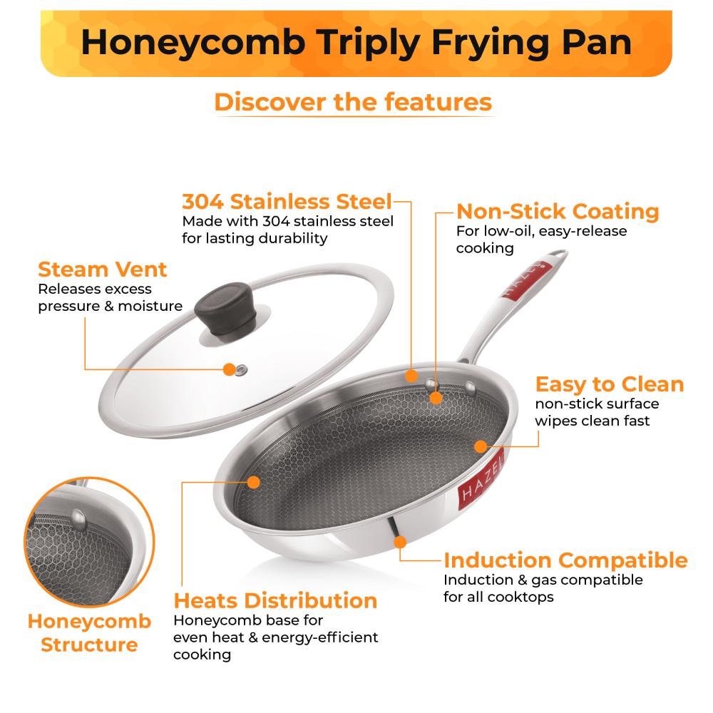 HAZEL 24cm Nonstick Triply Frying Pan (1.5L) with Glass Lid - Honeycomb Coating, Induction Compatible.