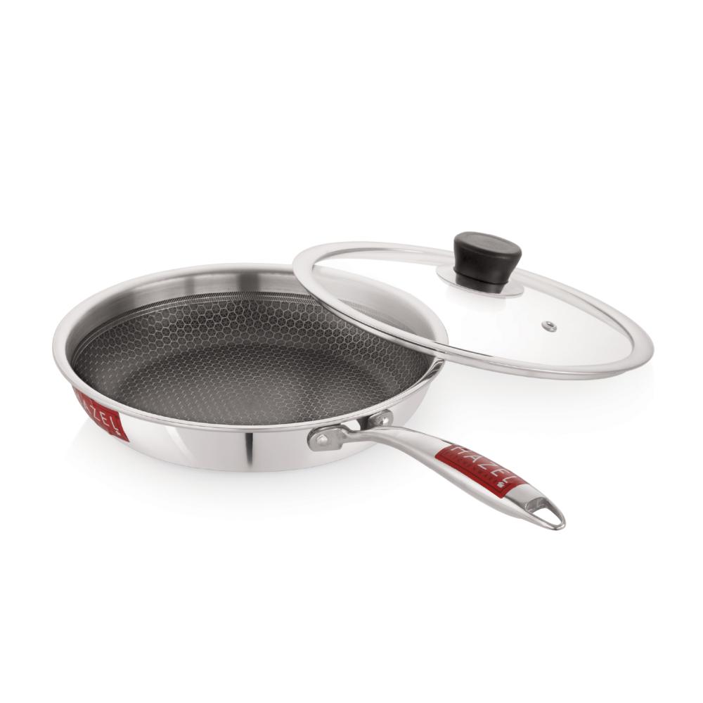 HAZEL 24cm Nonstick Triply Frying Pan (1.5L) with Glass Lid - Honeycomb Coating, Induction Compatible.