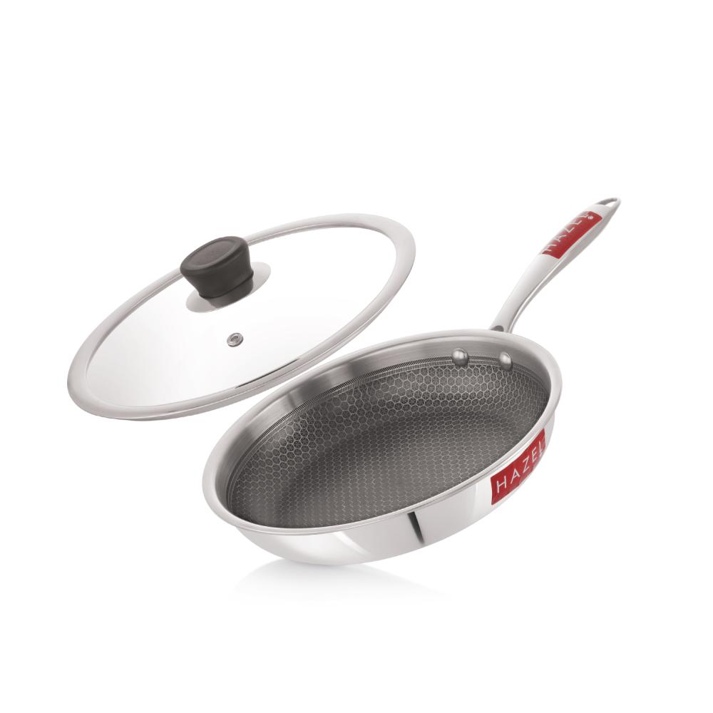 HAZEL 24cm Nonstick Triply Frying Pan (1.5L) with Glass Lid - Honeycomb Coating, Induction Compatible.