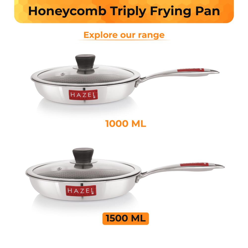HAZEL 24cm Nonstick Triply Frying Pan (1.5L) with Glass Lid - Honeycomb Coating, Induction Compatible.